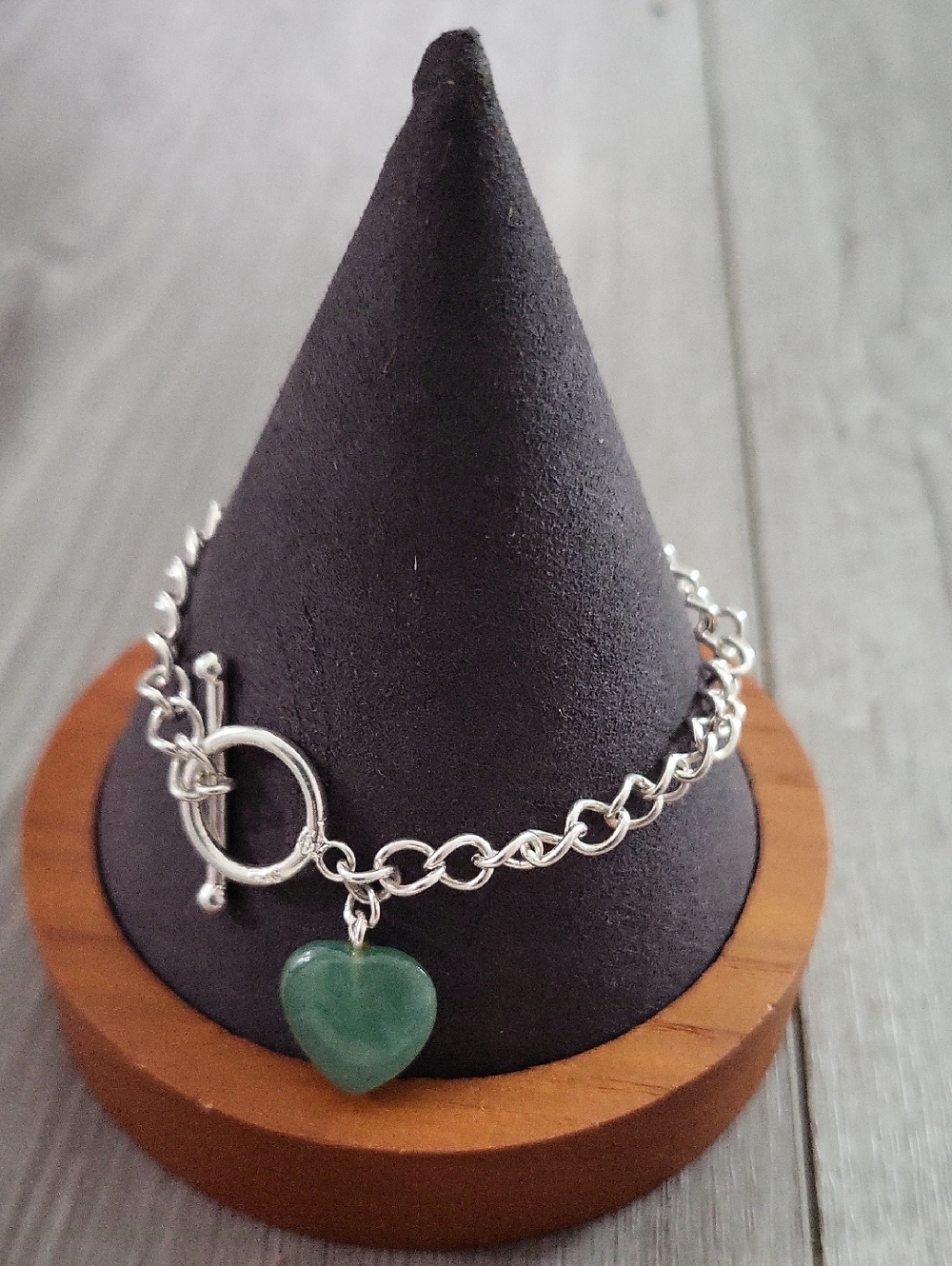Silver Chain Bracelet with Jade Green Heart Stone Charm